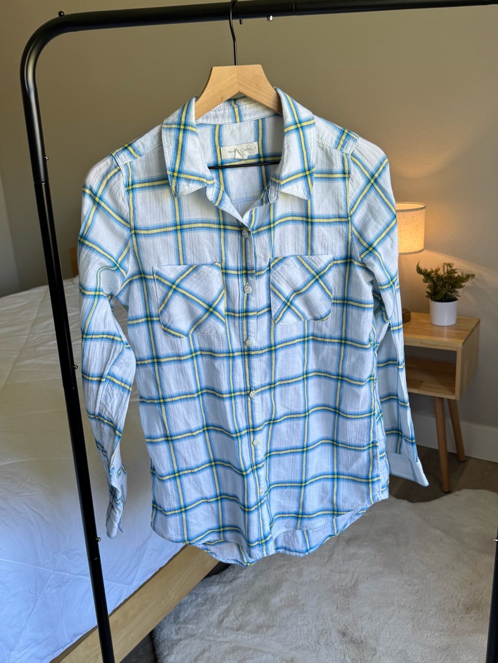 Treasure & Bond White Plaid Button-Down Shirt with Blue & Yellow Lines